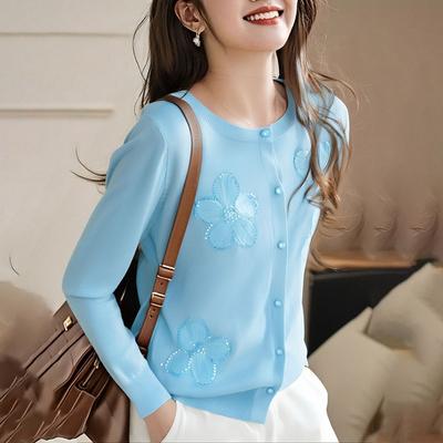 Spring and Summer New Crew Neck Knitted Cardigan Women's Single-breasted Embroidered Top Women's