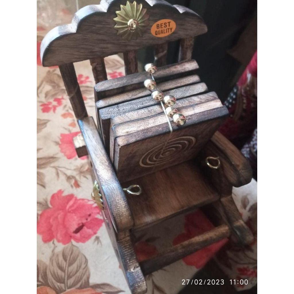 Wooden Antique Miniature Chair Shape Tea,Coffee,Drink hot/Cold Coaster Set with 6 Coaster for Kitchen/Dining Table/Office/Restaurant.