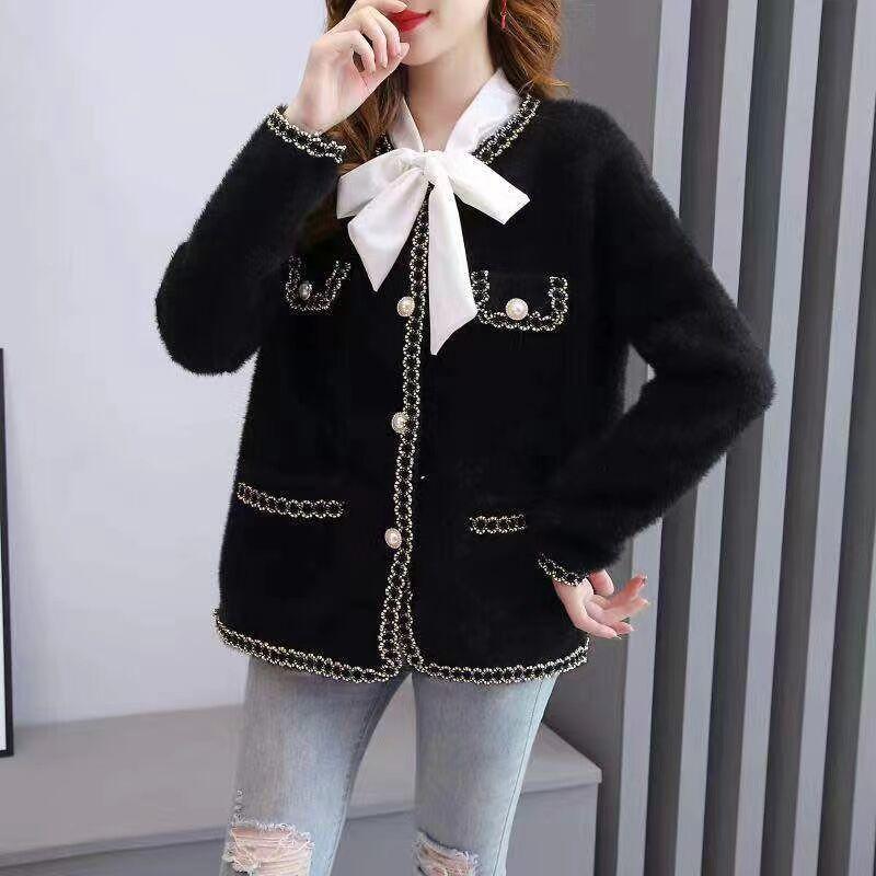Autumn O Cardigan And Spring Neck Top Loose Versatile Small Fragrance Imitation Mink Fleece Sweater Knit Cardigan Jacket Women