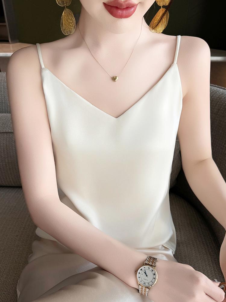 Women's Versatile Summer V-Neck Pearl Strap Satin Tank Top