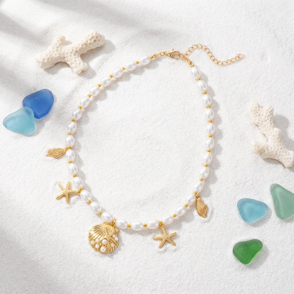 Elegant Imitation Pearl Chain Necklace for Women Boho Metal Shell Starfish Conch Pendant Necklace Exquisite Summer Jewelry