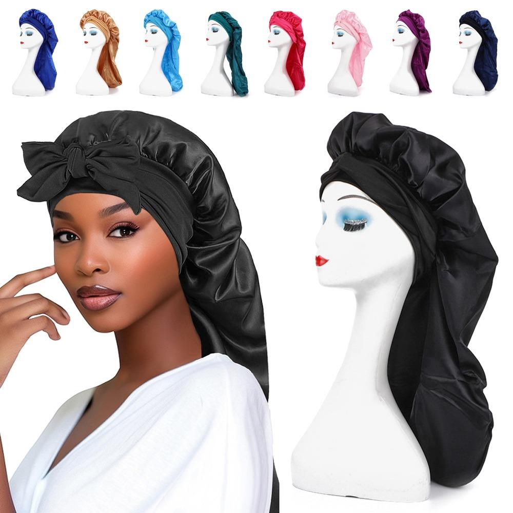 Silky Women Long Sleep Cap High Elasticity Sauna  Shower Caps Solid Color Satin Sleep Bonnet