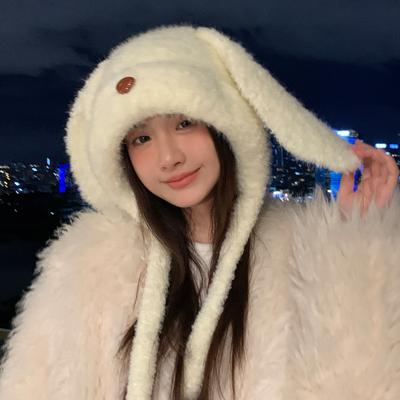Winter Hat Female Long-eared Rabbit Velvet Thermal Hat Ear Protector Cute Fashionable Versatile Knitted Fluffy Hat