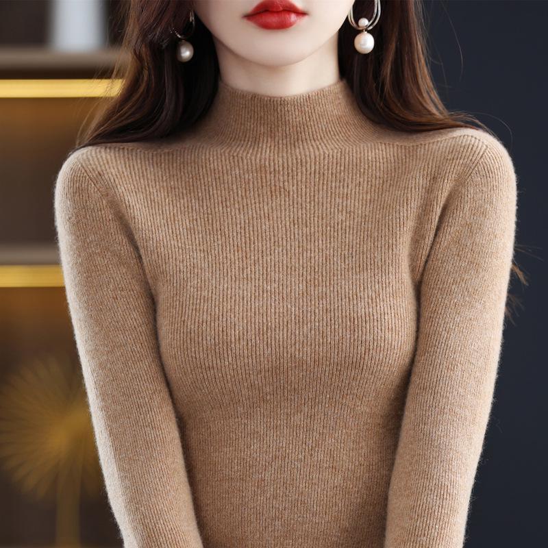 Women's Slim-Fit Korean Style 100% Wool Sweater, Half-High Neck Knit Base Layer for Autumn/Winter