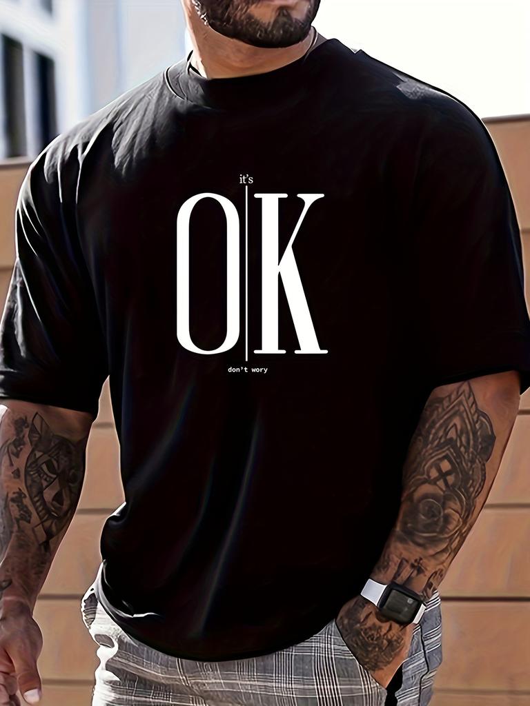 European sizes OK Graphic Print Men's Creative Top, Casual Short Sleeve Crew Neck T-shirt, Men's Clothing For Summer Outdoor