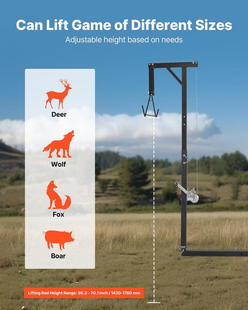 Treuil de Chasse pour Attelage de Camion, Capacité de Charge de 300 lbs, Treuil de Chasse pour Cerf avec Récepteur de 2 Pouces, Tige Pivotante à 360 Degrés et Hauteur Réglable, Inclut un Support pour Carcasse