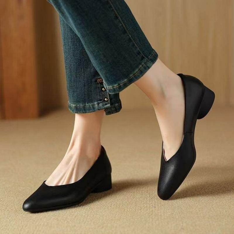2025 Pointed Toe Genuine Leather Low-Cut Soft Sole Work Shoes Professional Low Heel Single Shoes for Women Versatile New Style