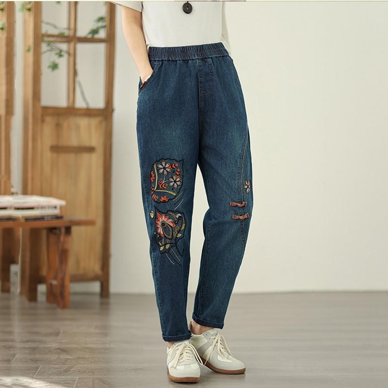 Blugi de vară pentru femei, talie înaltă, stil denim, subțiri, broderie vintage, pantaloni harem, mărime plus