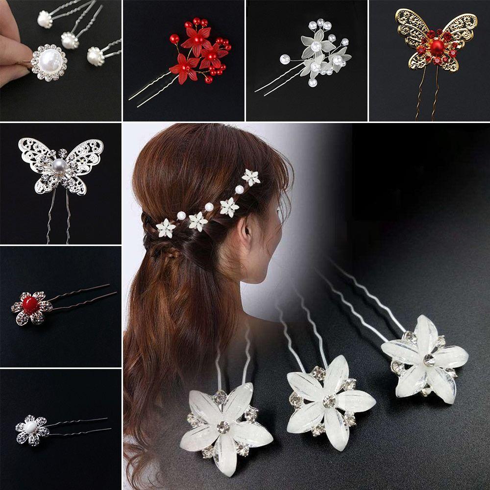 5Pcs Fashion Bridal U-shaped Rhinestone Pearl Flower Hairpin Metal Hair Barrette Rhinestone Hair Clip Crystal Flower Hair Fork