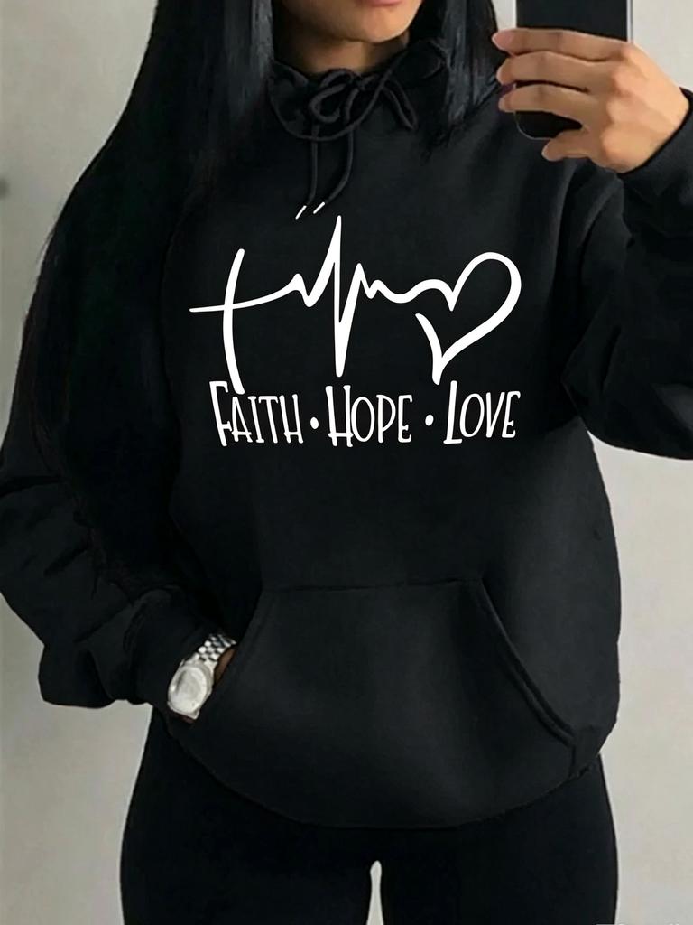 Women Faith Hope Love Heartbeat Graphic Warm Hoodie Casual Long Sleeve Pullover Hooded Sweatshirt Men Tops Couple Streetwear