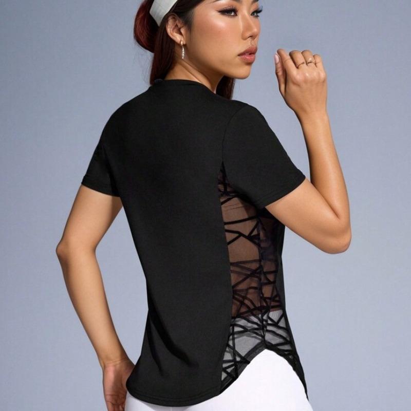 New round neck quick-drying lace splicing design fitness top outdoor sports short sleeve women