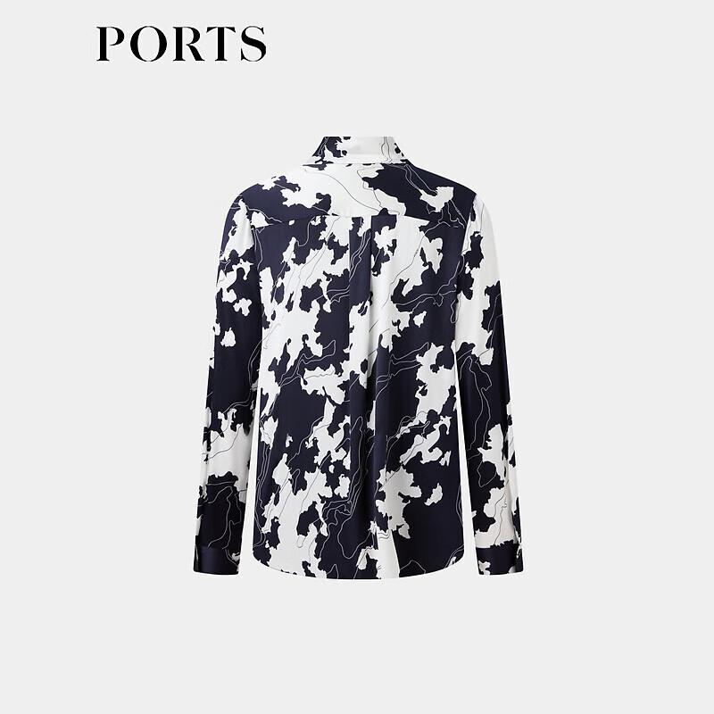 

PORTS Women s Silk Blend Scarf Collar Indigo Print Shirt XS /2