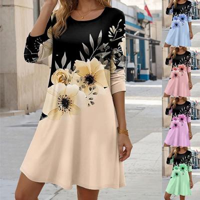 Beach Holiday Summer Dress Casual Loose Plus Size Women Round Neck Long Sleeve Fashion Dress