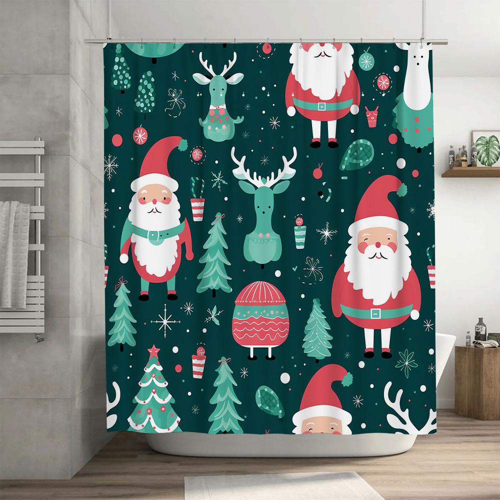 Winter Christmas Shower Curtain Decorations Santa Claus Reindeer Design 180Cm Long Waterproof Fabric Bathroom C