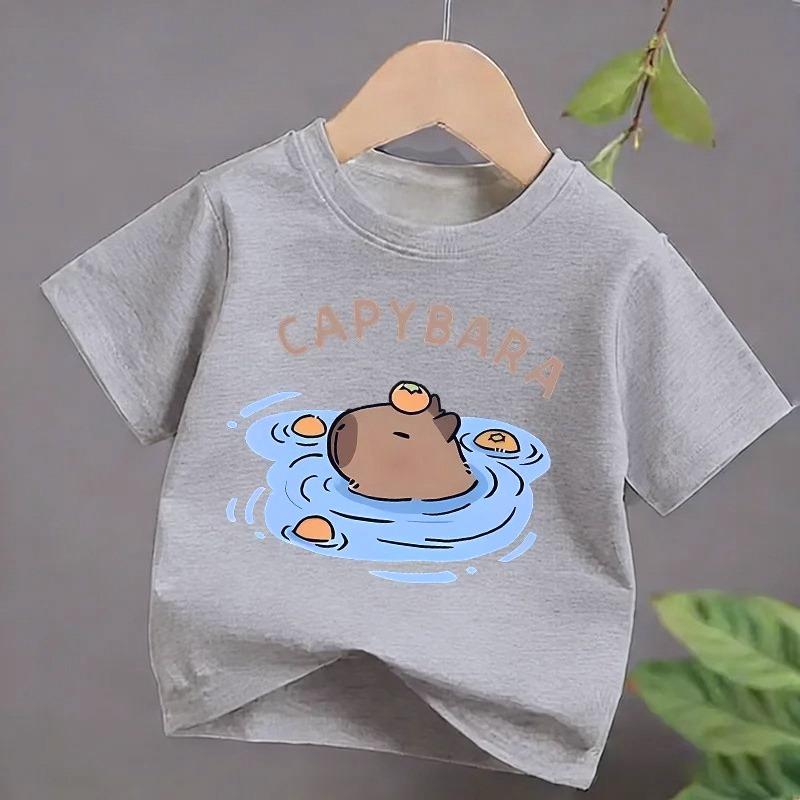 4 To14Y Girls Casual Capybara Print Short Sleeve T-Shirt 2026 New Cute Spring Summer Y2k Children's Crew Neck Tee Tops