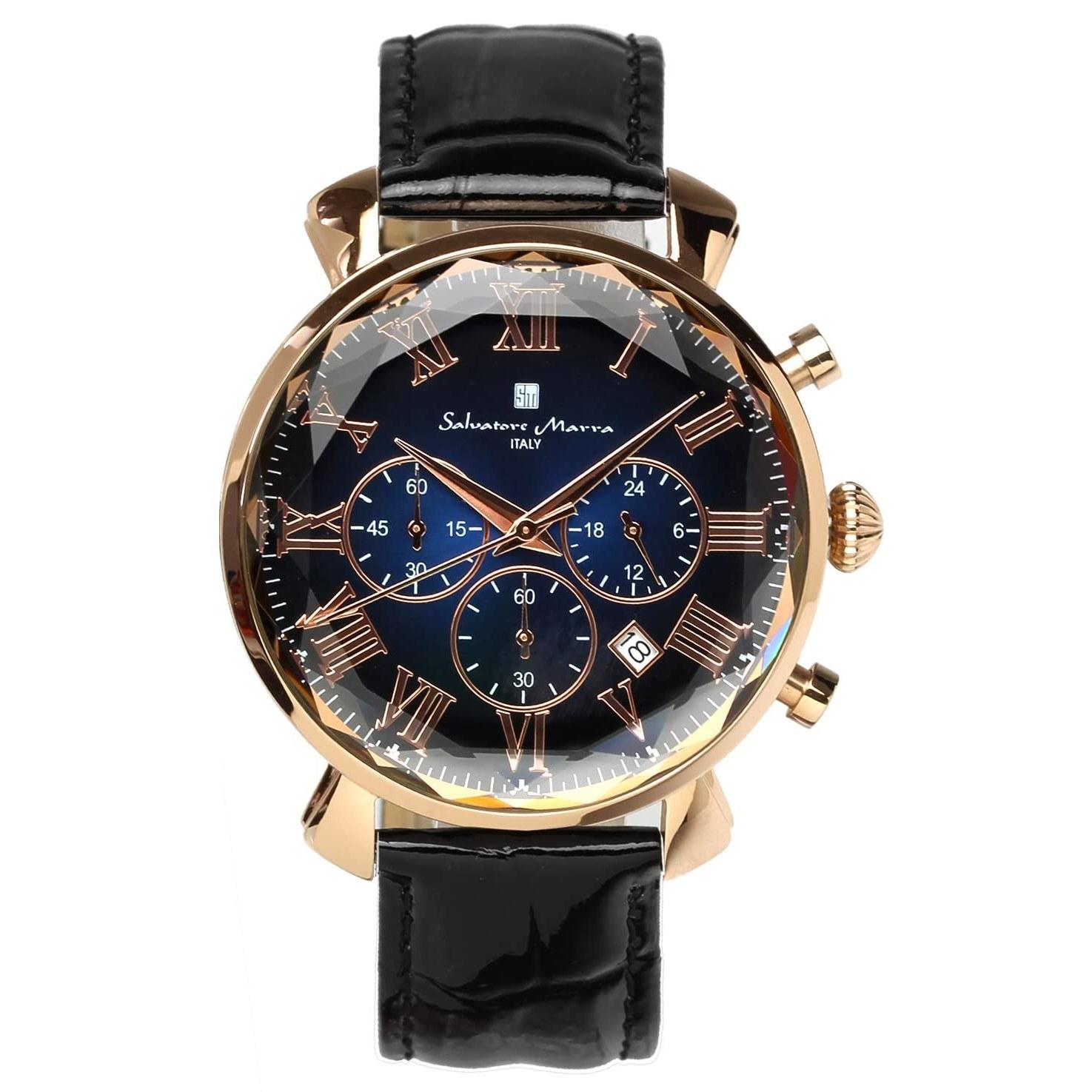 Salvatore Mara wristwatch multi-faceted cut glass chronograph leather strap gradient mens green blue black SM19104-PGBLBK
