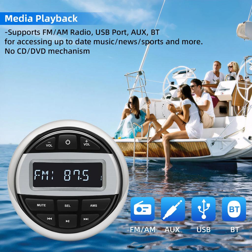 Marine Boat Radio Media MP3 Stereo Radio FM AM Receiver Bluetooth-compatible Media Audio Player For Yacht RV ATV UTV SPA RZR