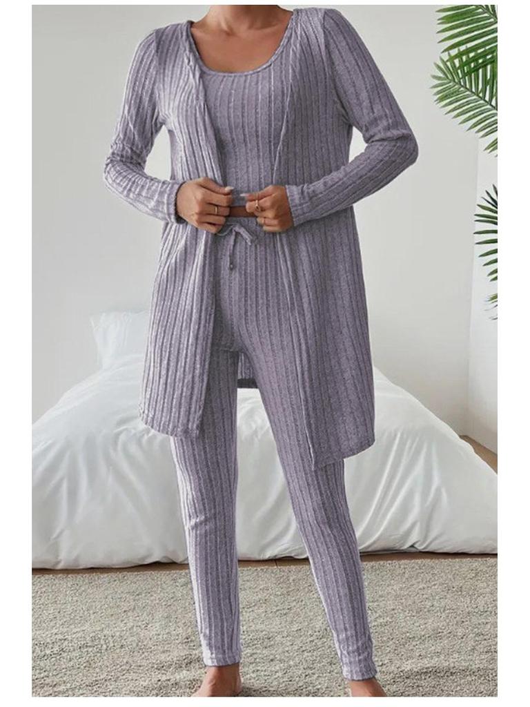 Nieuwe Stijlvolle Ronde Hals Geribbelde Effen Kleur Dames Driekwart Set