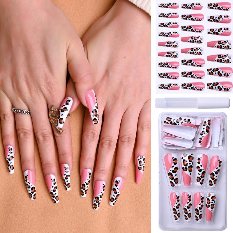 Sztuczne Paznokcie Wzór Panterki Różowy Długi Balet Sztuczne Paznokcie Lakier Do Paznokci Lakier Do Paznokci Gotowy Lakier Do Paznokci Francuski Manicure