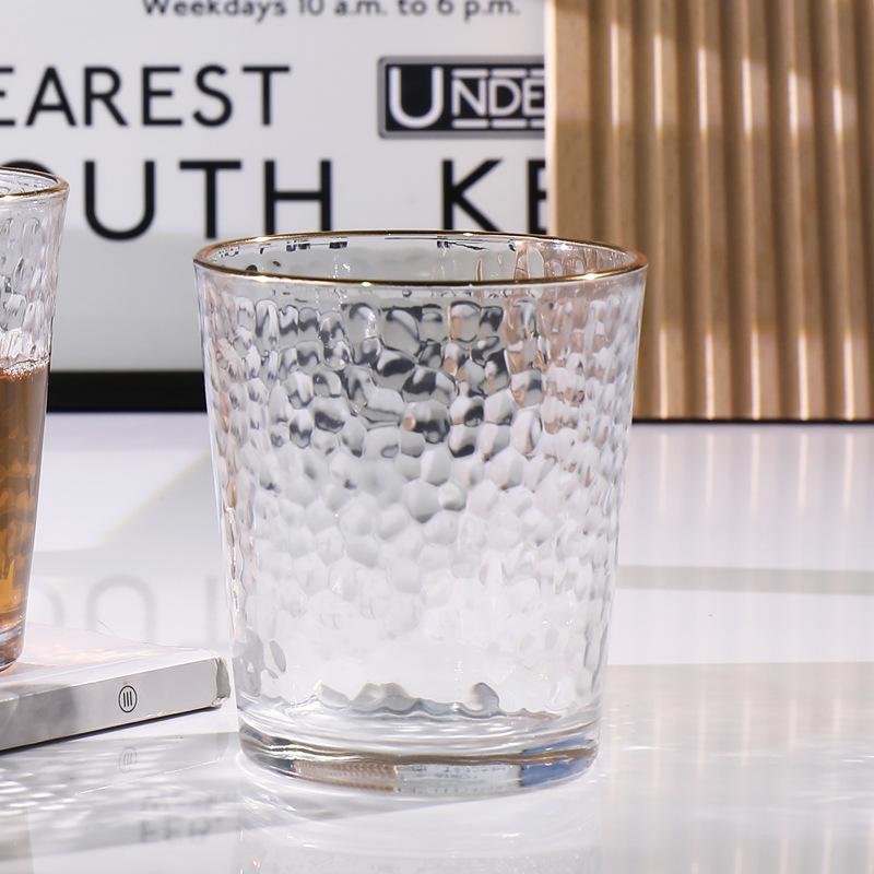 Gold Stroke Hammer Patterned Glass, Beer Glass, Gold Rimmed Glass, Gold Stroke Transparent Glass, Breakfast Glass, Milk Glass