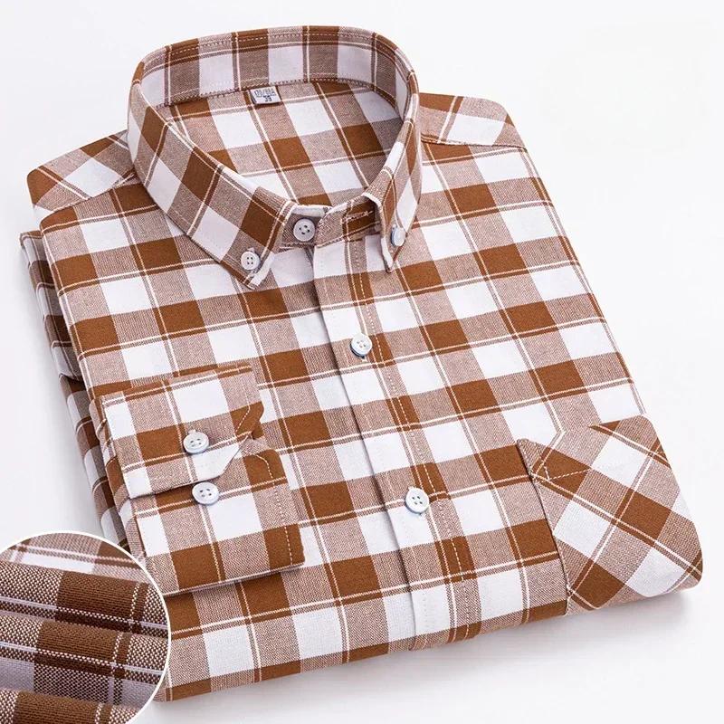 Spring and Autumn Men's Pure Cotton Long Sleeved Shirts for Middle and Youth Leisure All Cotton Oxford Plaid Plus Size Shirts