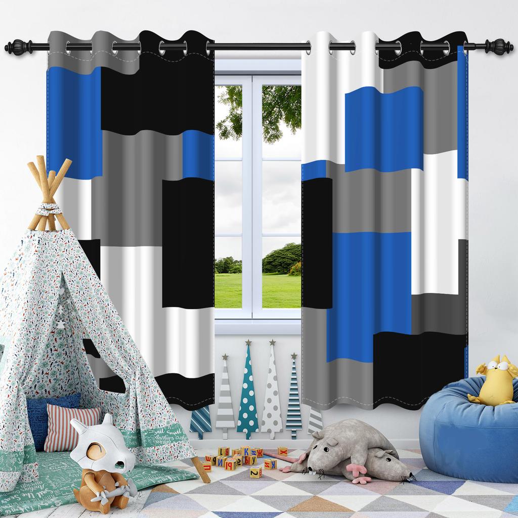 2Pcs Modern Mixed Color Geometric Pattern Blackout Curtain Bedroom Living Room Darkening Grommet Thermal Insulated Window Drapes