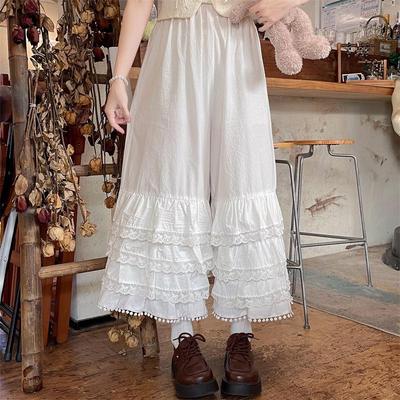 Sweet Lace Splicing Cotton Wide-Leg Pants with Elastic Waist for Women