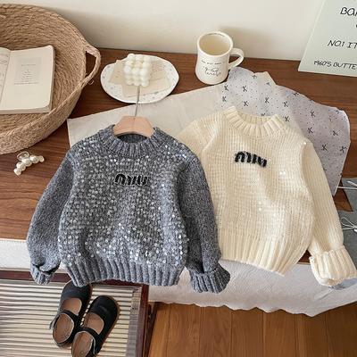 Mädchenbekleidung Herbst und Winter neues Pullover-Oberteil Mädchen trendig schwere Industrie Pailletten Buchstaben bestickter Pullover