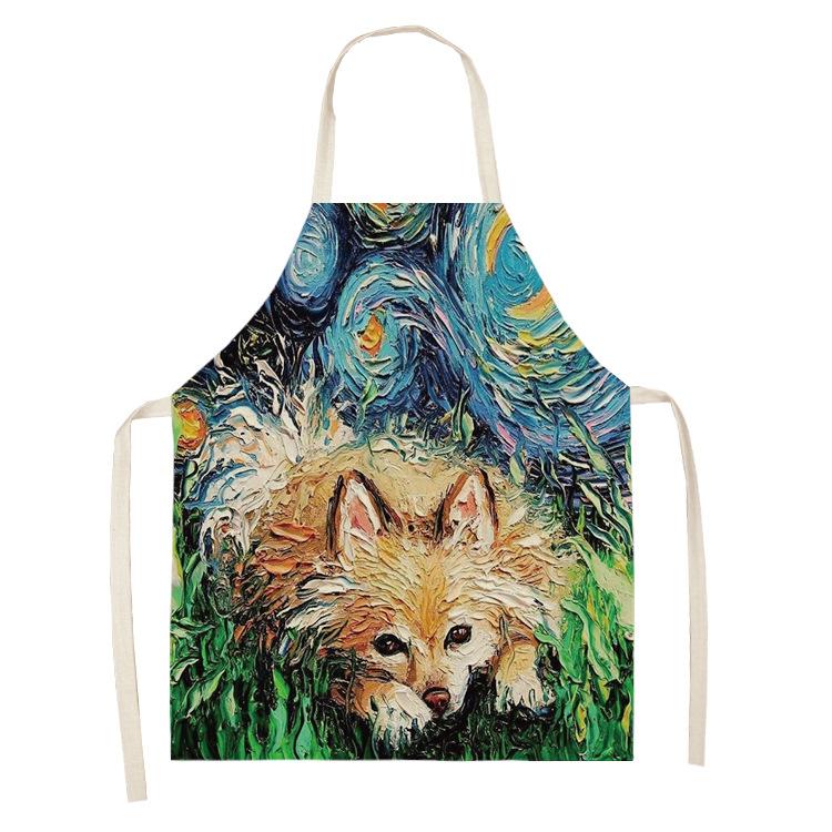 Schürze im Ölgemälde-Stil, Sternenhimmel-Hintergrund, Hund, Leinen, Baumwolle, kreative Eltern-Kind-Schürze, Familienküche