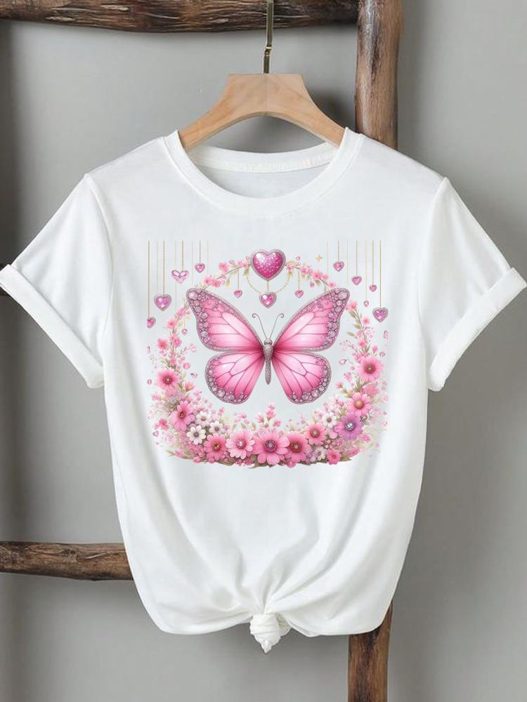 (Asian Size) flower butterfly cute Clothing Tee Top female Print Female T Shirt Woman Women Fashion Short Sleeve Graphic T-shirts