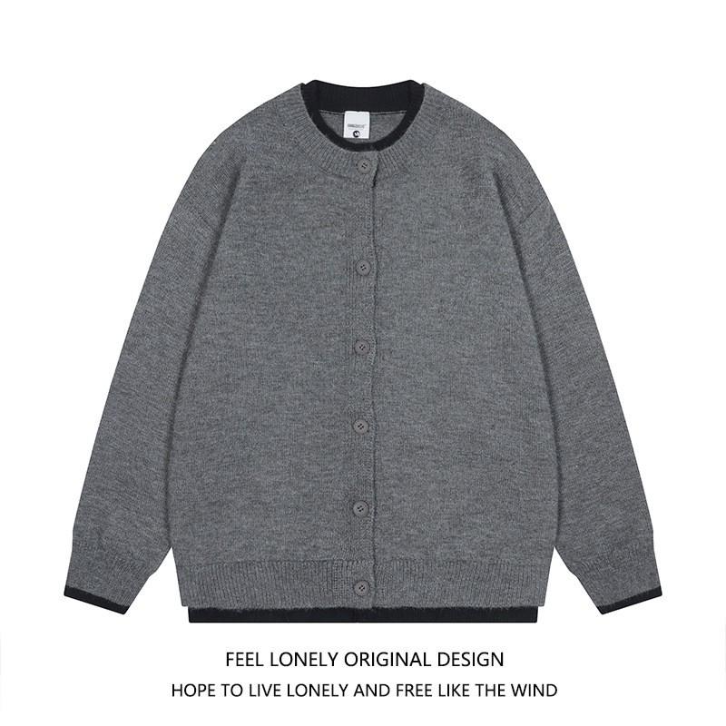 Vintage American Style Mock Two-Piece Knit Cardigan Loose Couple Sweater Fall