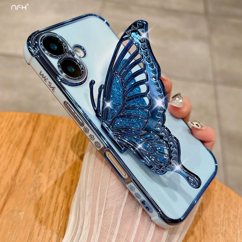 For iPhone 16 Pro Max Luxury Flash Plating Pattern Frame Butterfly Holder Phone Case For iPhone 11 12 13 14 15 Plus Stand Cover