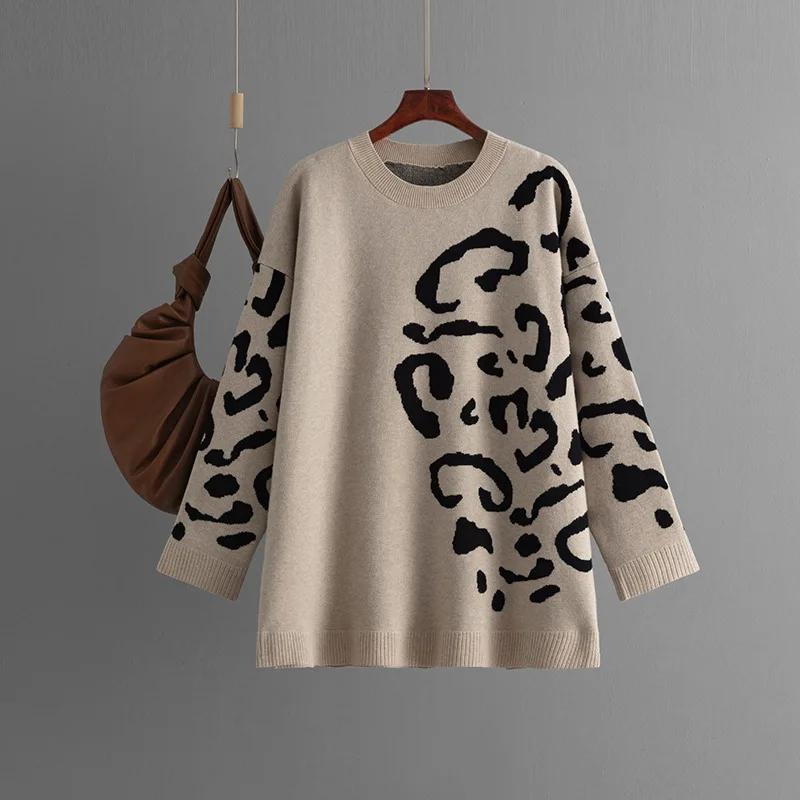 Sweater Women Leopard Printed Pullovers Loose Long Sleeve O-Neck Knitted Jumpers Warm Basics Autumn Winter Fashion Tops