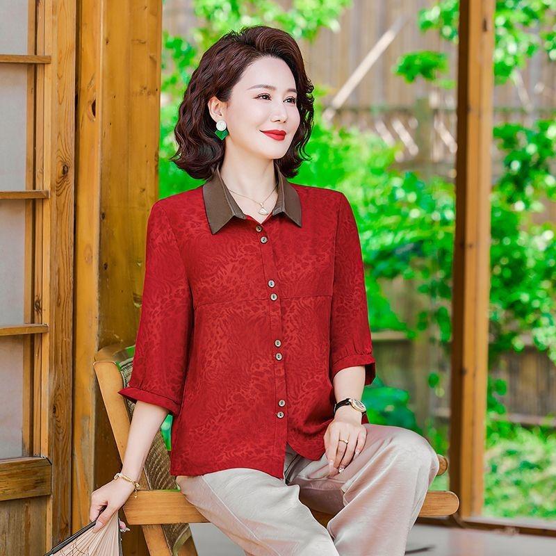 

Women s Red Contrast Collar Three-Quarter Sleeve Shirt Jacquard Pattern Loose Fit Casual Commute Top Blouses XL червоний