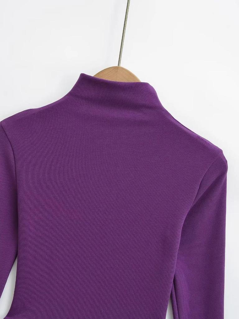 Pure Desire Women's High Neck Irregular Hem Long Sleeve T-shirt - Spring/Autumn Elastic Fit