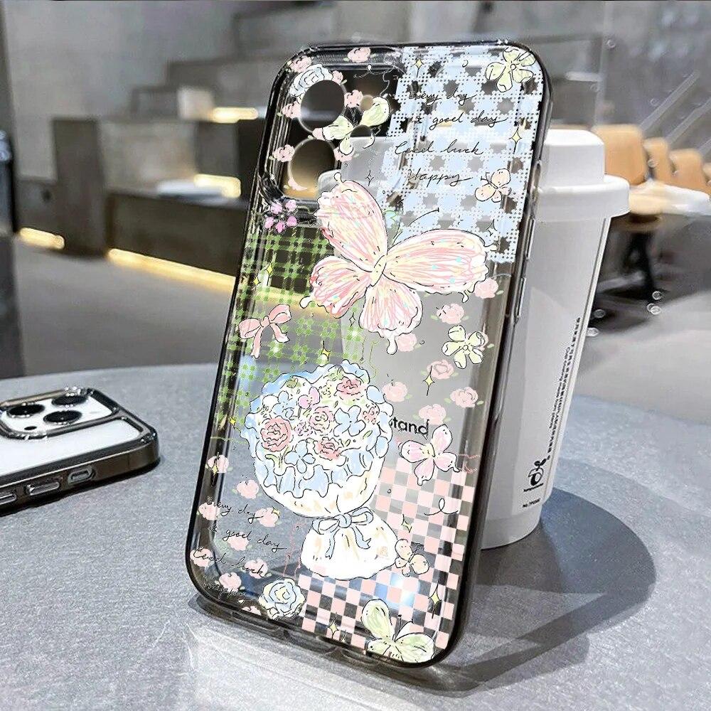 Clear Phone Case For iPhone 15 Pro Max Case iPhone 11 12 13 14 Pro XS Max XR X 7 8 15 Plus SE 2020 INS Butterfly Flower Cover