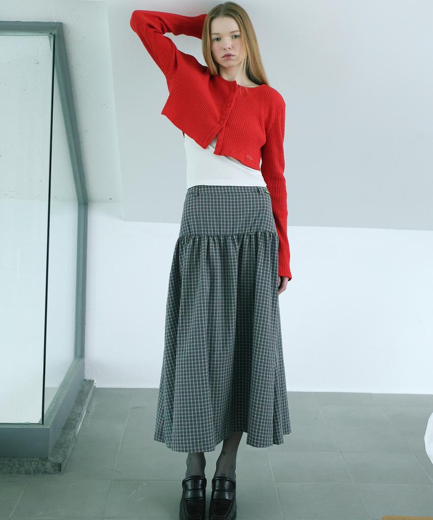 Forev Checked Shirring Long Skirt - Gray