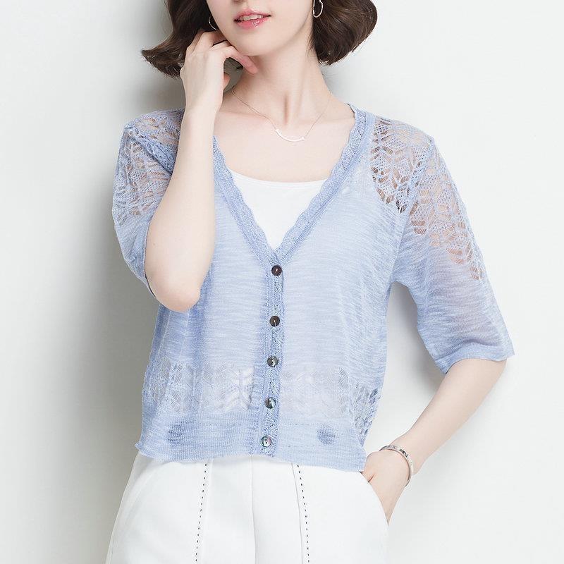 Ice Silk Knitted Cardigan with Short-sleeved Summer Wear Women's New Thin Hollow White Shawl Sunscreen