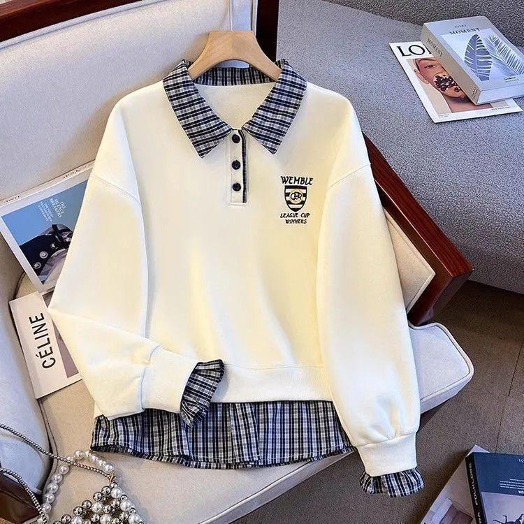 Women's Plaid Patchwork Polo Collar Hoodie - 2025 Niche Loose-Fit Autumn/Winter Top