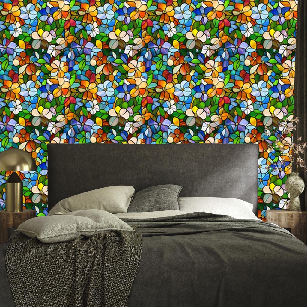 Blue and gold stained glass flowers wallpaper for living room and bedroom 50x1000