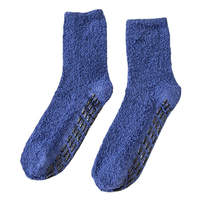 Coral Fleece Men's Socks - Non-shedding, Thick Winter Socks with Half Fleece, Pure Color, Adhesive Dots, Home Wear, Warm Mid-calf Socks