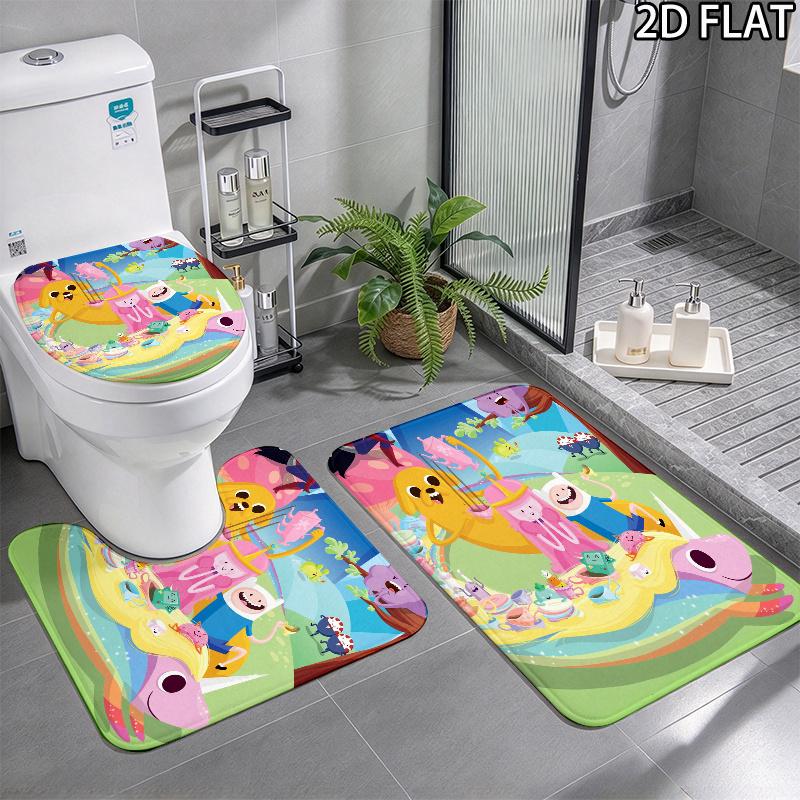 3pcs Adventure Time Pattern Flannel Nonslip Absorbent Washable Decorative Bathroom Home Toilet Seat Cover Mat