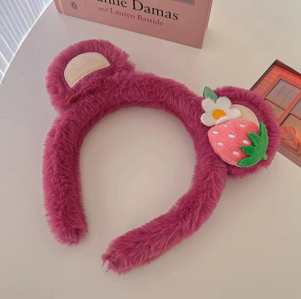 Strawberry Bear Plush Headband - Non-slip Cute Cartoon Hair Clip for Girls