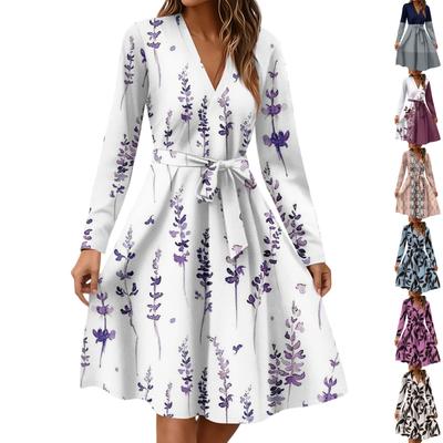 Women's Fashion Casual V-Neck Long Sleeve Waist Floral Print Midi Dress