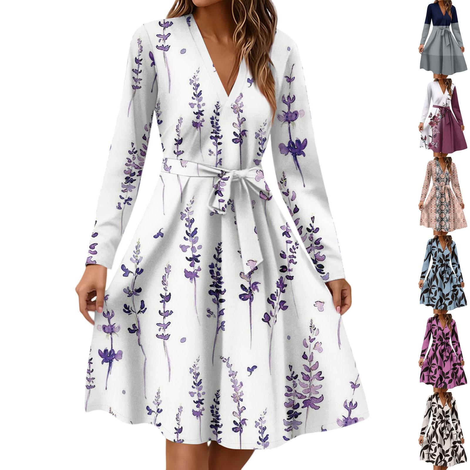 

Women s Fashion Casual V-Neck Long Sleeve Waist Floral Print Midi Dress XL бежевий