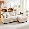 L-Shaped Corner Sofa, Convertible 3-Seater with Footstool, Cup Holder, USB Charger, Armrest Tray and 2 Cushions, Living Room/Office/Apartment, Beige