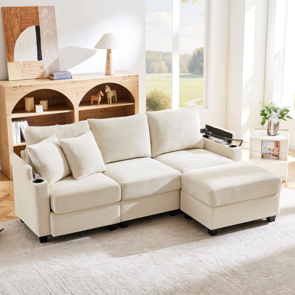 L-Shaped Corner Sofa, Convertible 3-Seater with Footstool, Cup Holder, USB Charger, Armrest Tray and 2 Cushions, Living Room/Office/Apartment, Beige