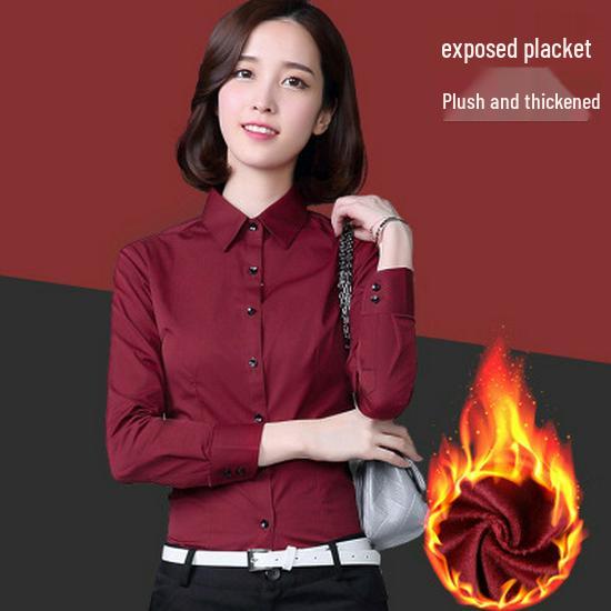 Women's Fleece-Lined Long-Sleeve Shirt: New Autumn/Winter Style, Thick & Warm Base Layer, Professional Formal Wear