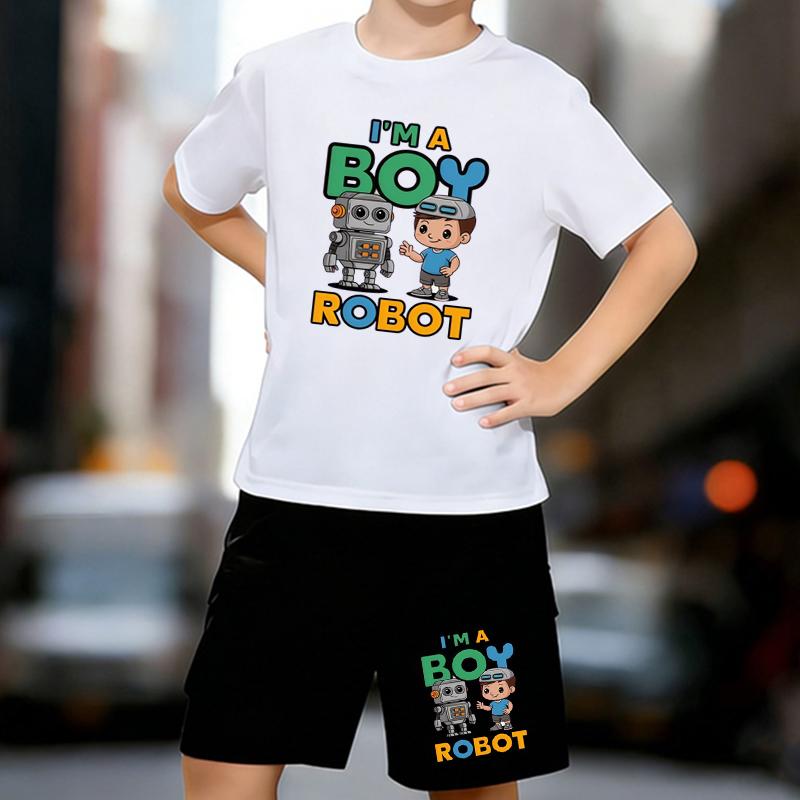 

Boys 2 Piece Robot and boy printed outfit, Short Sleeve T-Shirt and Shorts Set for Kids Age 5-14,Black,White Sporty Casual Summer Clothes 13-14 Years