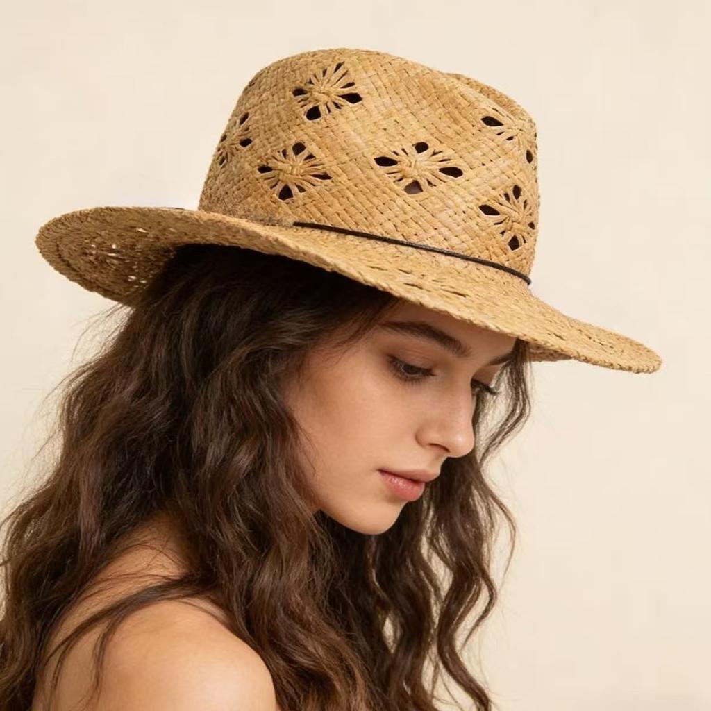 New Fashion Hollow Hand-Woven Nature Raffia Sun Hat Women Summer Outdoor Jazz Straw Hat Vacation Sun Protection Beach Hat Ladies
